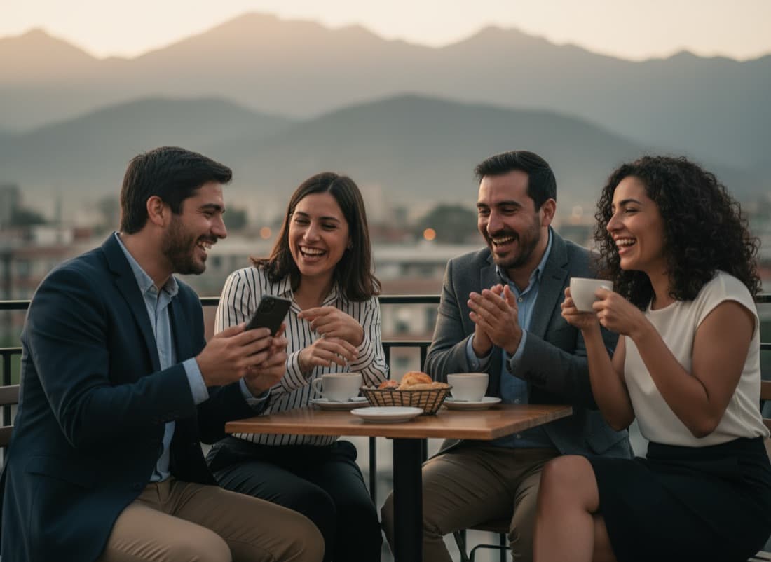 Ex compañeros de colegio riendo en la terraza de un café en Santiago